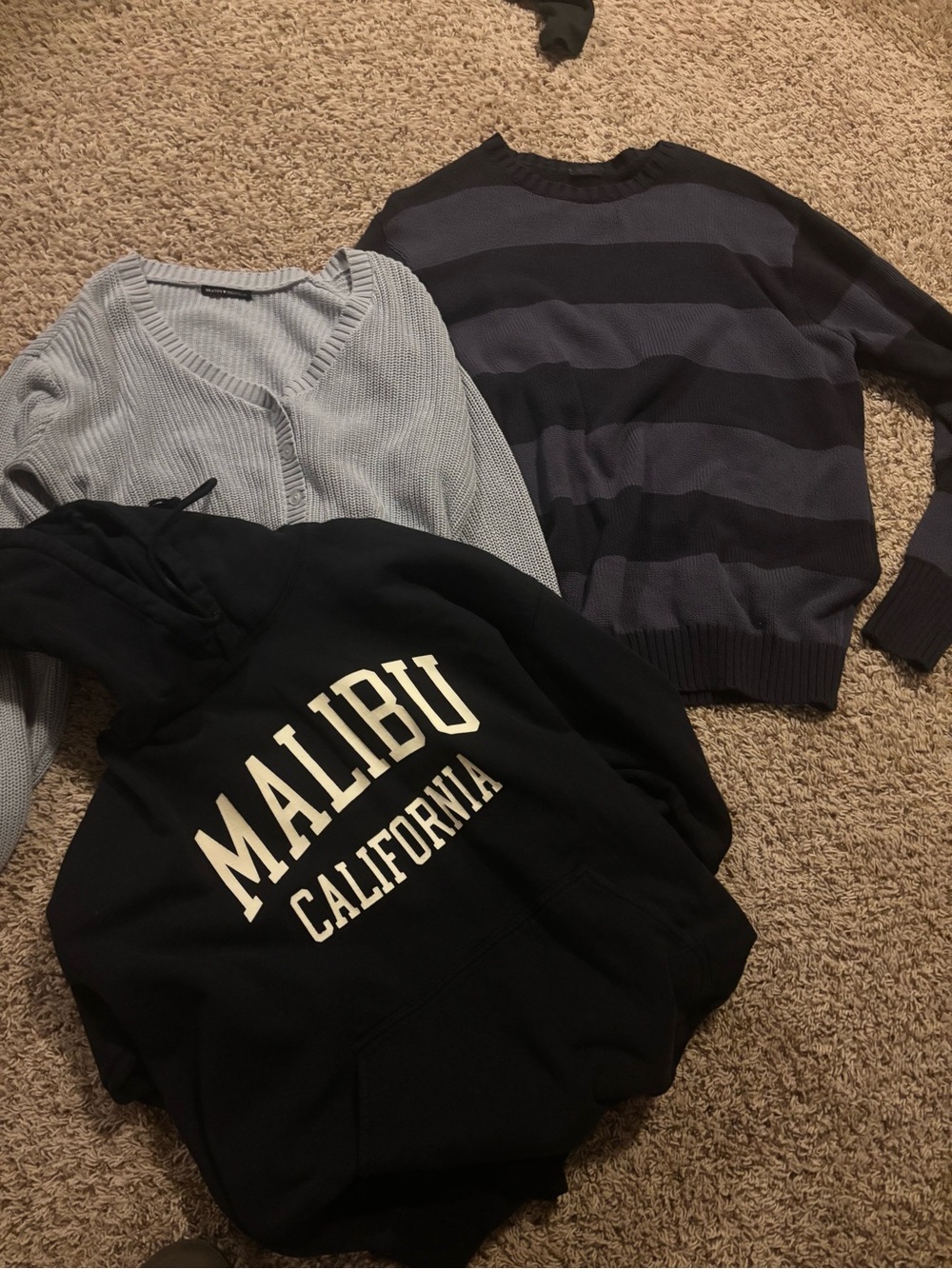 Brandy Melville OS light blue cardigan, navy striped sweater, navy Malibu hoodie